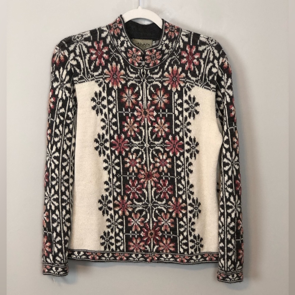 INTIWARA Alpaca 100% Alpaca Pink Floral Zip Jacket sz M
